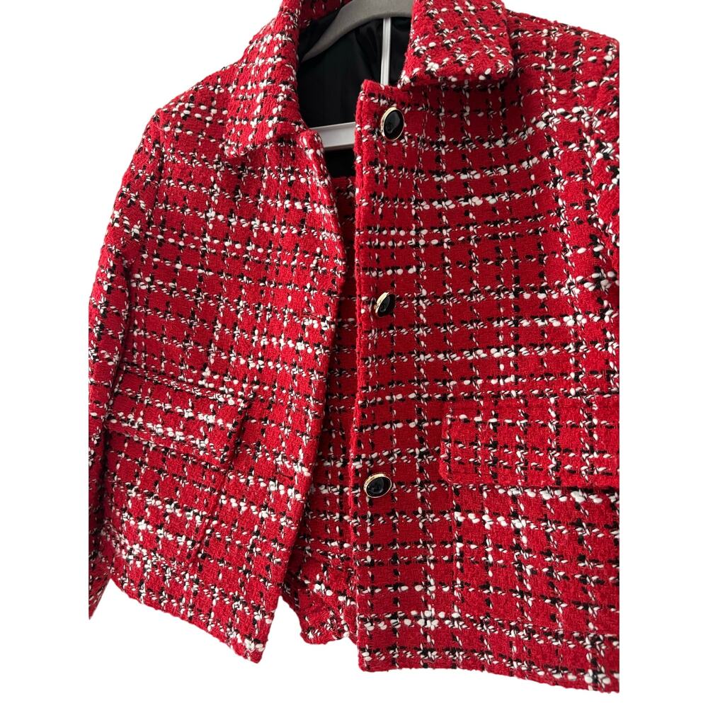 Women’s Red Tweed 2 Piece Skort Suit Set Jacket & Shorts Plaid XS Preppy - Picture 4 of 11